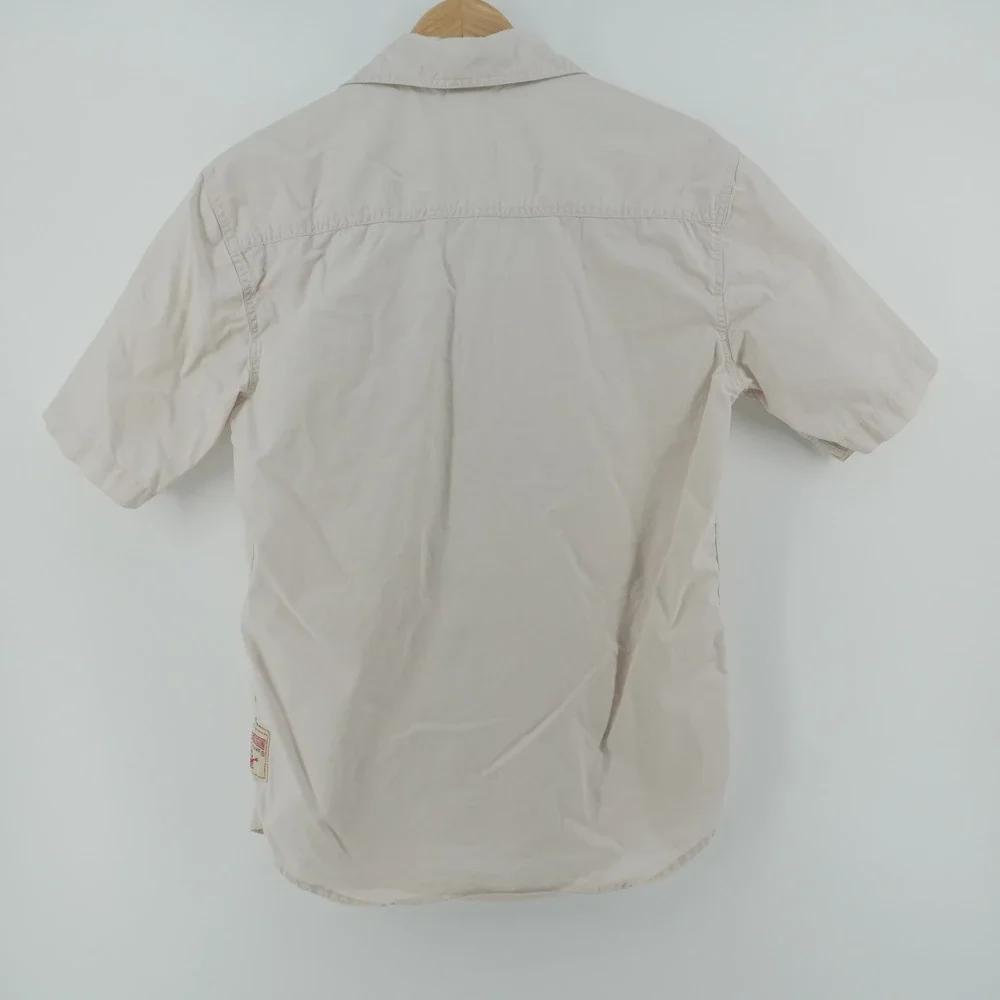 True Religion Button Down Shirt Mens M Tan Short Sleeve Western Horseshoe Logo